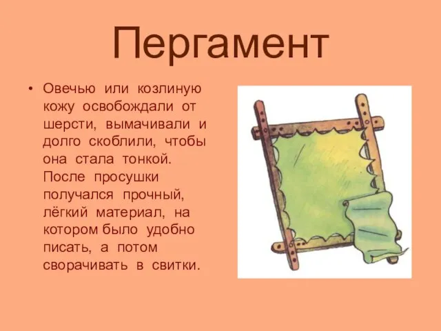 Пергамент Овечью или козлиную кожу освобождали от шерсти, вымачивали и долго скоблили,