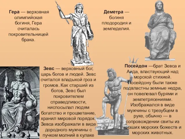 Гера — верховная олимпийская богиня, Гера считалась покровительницей брака. Деметра — богиня