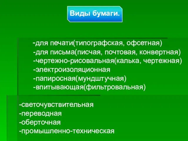 -для печати(типографская, офсетная) -для письма(писчая, почтовая, конвертная) -чертежно-рисовальная(калька, чертежная) -электроизоляционная -папиросная(мундштучная) -впитывающая(фильтровальная)