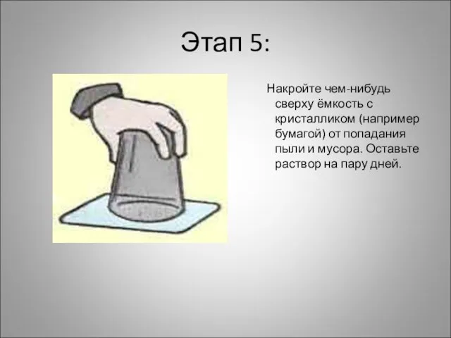 Этап 5: Накройте чем-нибудь сверху ёмкость с кристалликом (например бумагой) от попадания