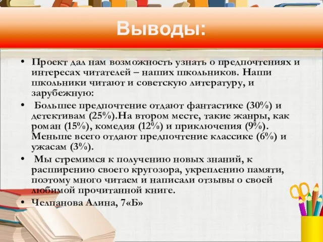 Выводы: Проект дал нам возможность узнать о предпочтениях и интересах читателей –