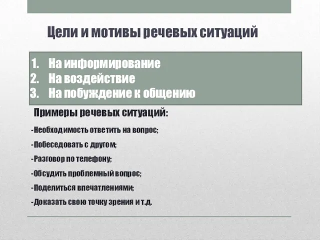 Цели и мотивы речевых ситуаций На информирование На воздействие На побуждение к