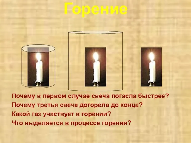 Горение Почему в первом случае свеча погасла быстрее? Почему третья свеча догорела
