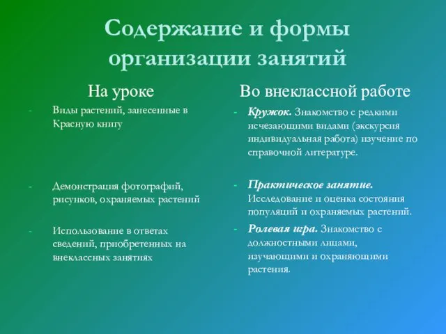 Содержание и формы организации занятий На уроке Виды растений, занесенные в Красную