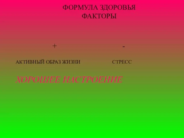 ФОРМУЛА ЗДОРОВЬЯ ФАКТОРЫ + - АКТИВНЫЙ ОБРАЗ ЖИЗНИ СТРЕСС ХОРОШЕЕ НАСТРОЕНИЕ