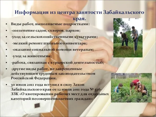 Информация из центра занятости Забайкальского края. Виды работ, выполняемые подростками: -озеленение садов,