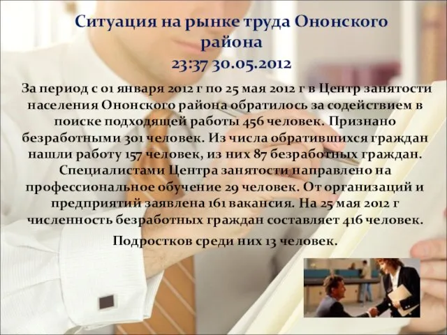 Ситуация на рынке труда Ононского района 23:37 30.05.2012 За период с 01