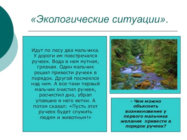 «Экологические ситуации». Идут по лесу два мальчика. У дороги им повстречался ручеек.