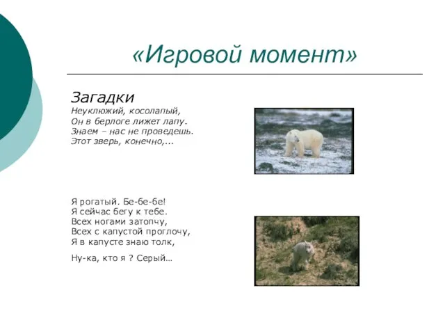 «Игровой момент» Загадки Неуклюжий, косолапый, Он в берлоге лижет лапу. Знаем –