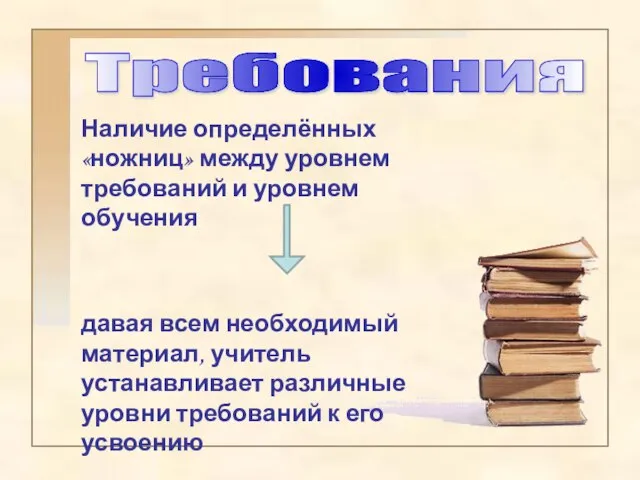 Требования Наличие определённых «ножниц» между уровнем требований и уровнем обучения давая всем