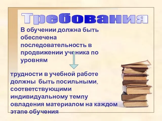 Требования В обучении должна быть обеспечена последовательность в продвижении ученика по уровням