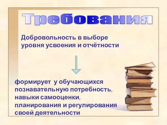 Требования Добровольность в выборе уровня усвоения и отчётности формирует у обучающихся познавательную