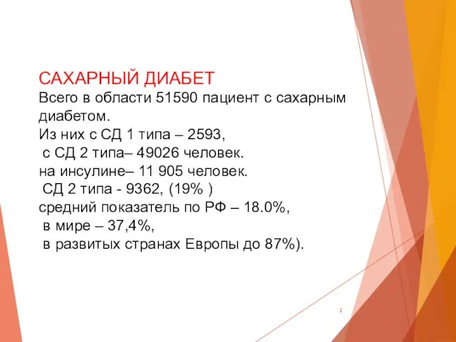 САХАРНЫЙ ДИАБЕТ Всего в области 51590 пациент с сахарным диабетом. Из них