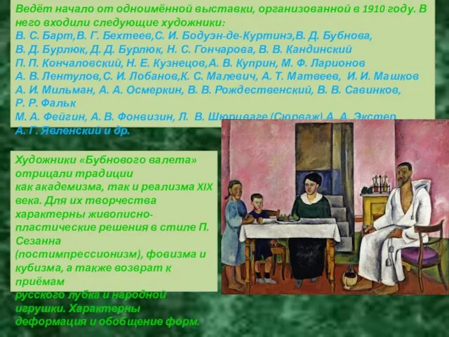 Ведёт начало от одноимённой выставки, организованной в 1910 году. В него входили