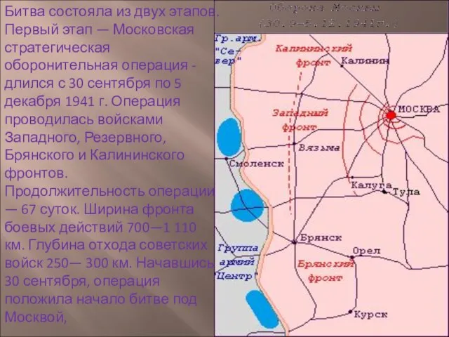Битва состояла из двух этапов. Первый этап — Московская стратегическая оборонительная операция