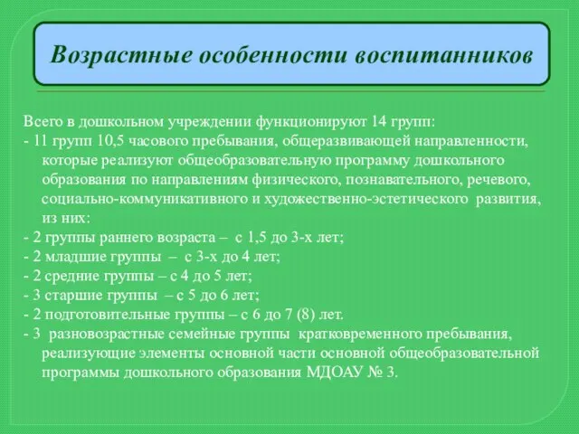 Возрастные особенности воспитанников Всего в дошкольном учреждении функционируют 14 групп: - 11