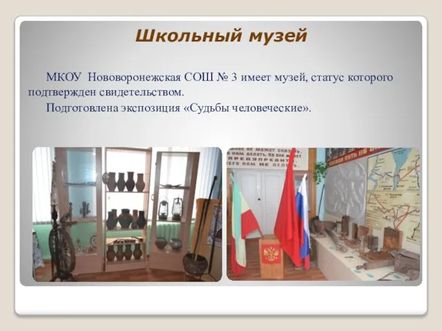 Школьный музей МКОУ Нововоронежская СОШ № 3 имеет музей, статус которого подтвержден