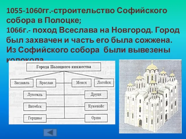 1055-1060гг.-строительство Софийского собора в Полоцке; 1066г.- поход Всеслава на Новгород. Город был