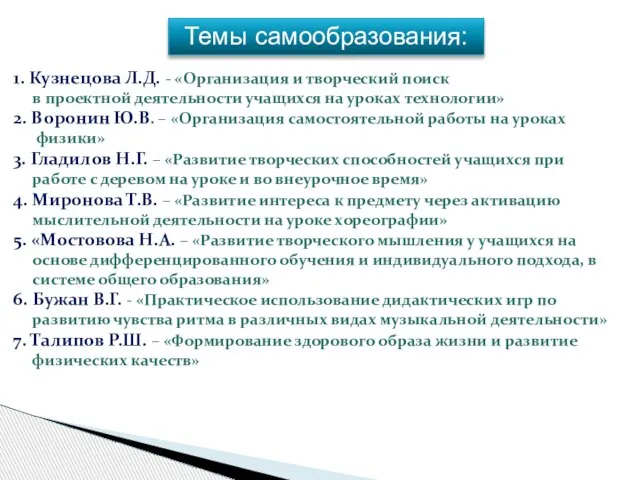 Темы самообразования: 1. Кузнецова Л.Д. - «Организация и творческий поиск в проектной