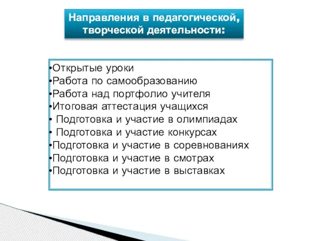 Направления в педагогической, творческой деятельности: Открытые уроки Работа по самообразованию Работа над