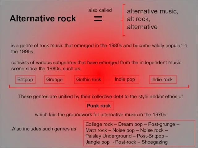 Alternative rock is a genre of rock music that emerged in the