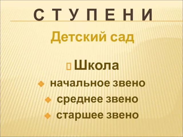 С Т У П Е Н И Школа начальное звено среднее звено старшее звено Детский сад