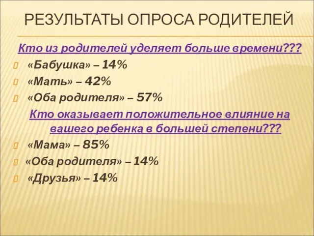 РЕЗУЛЬТАТЫ ОПРОСА РОДИТЕЛЕЙ Кто из родителей уделяет больше времени??? «Бабушка» – 14%