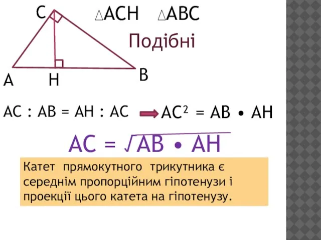 А С В Н АСН АВС Подібні АС : АВ = АН