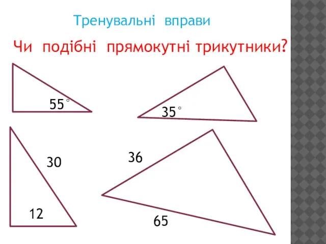 Тренувальні вправи Чи подібні прямокутні трикутники? 55° 35° 12 30 36 65