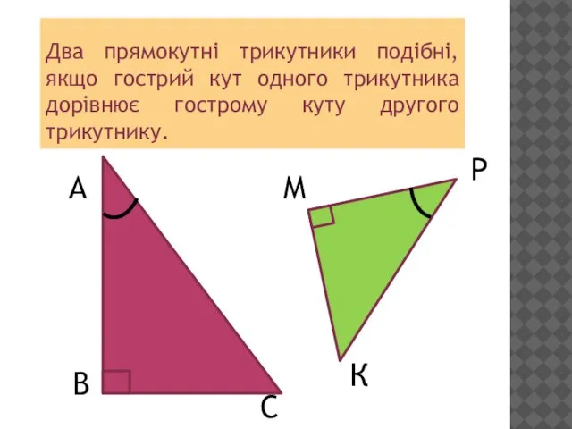 Два прямокутні трикутники подібні, якщо гострий кут одного трикутника дорівнює гострому куту