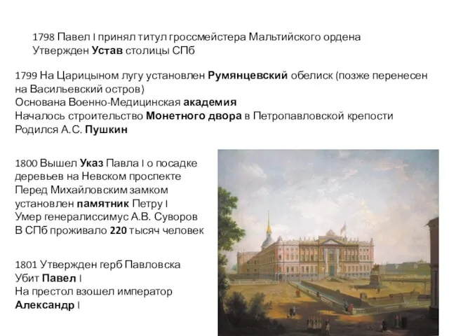 1798 Павел I принял титул гроссмейстера Мальтийского ордена Утвержден Устав столицы СПб