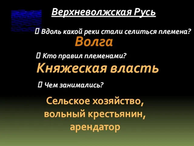 Верхневолжская Русь Вдоль какой реки стали селиться племена? Волга Кто правил племенами?