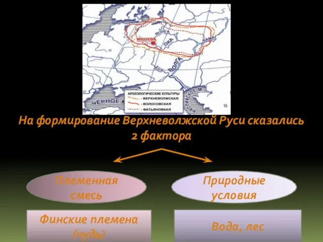 На формирование Верхневолжской Руси сказались 2 фактора Природные условия Племенная смесь Финские племена (чудь) Вода, лес