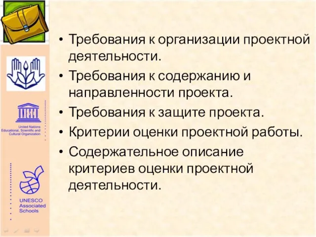 Требования к организации проектной деятельности. Требования к содержанию и направленности проекта. Требования