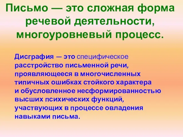 Письмо — это сложная форма речевой деятельности, многоуровневый процесс. Дисграфия — это