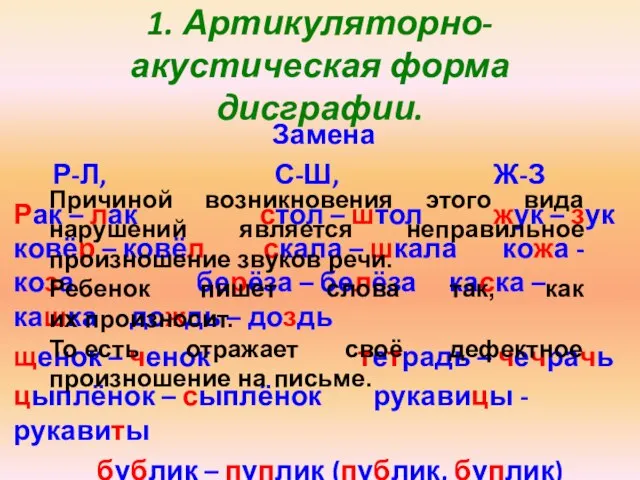 1. Артикуляторно-акустическая форма дисграфии. Замена Р-Л, С-Ш, Ж-З Рак – лак стол