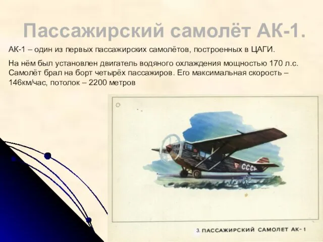 Пассажирский самолёт АК-1. АК-1 – один из первых пассажирских самолётов, построенных в