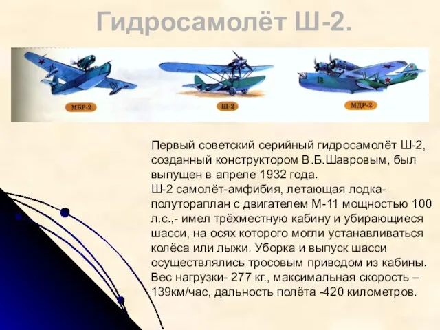 Гидросамолёт Ш-2. Первый советский серийный гидросамолёт Ш-2, созданный конструктором В.Б.Шавровым, был выпущен