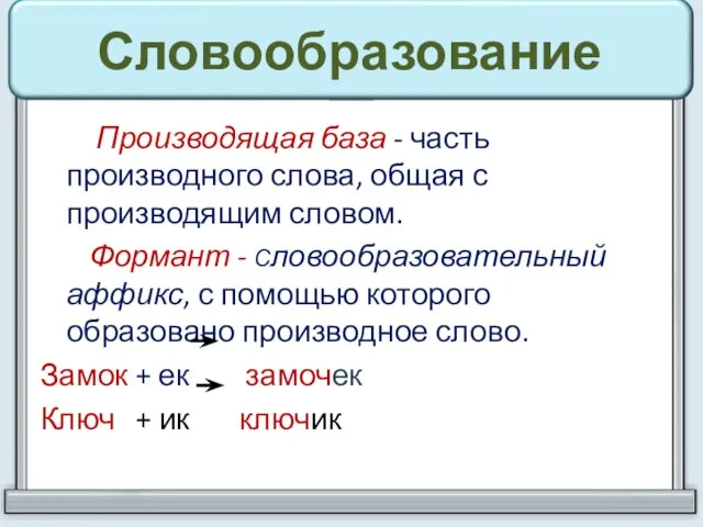 Словообразование Производящая база - часть производного слова, общая с производящим словом. Формант