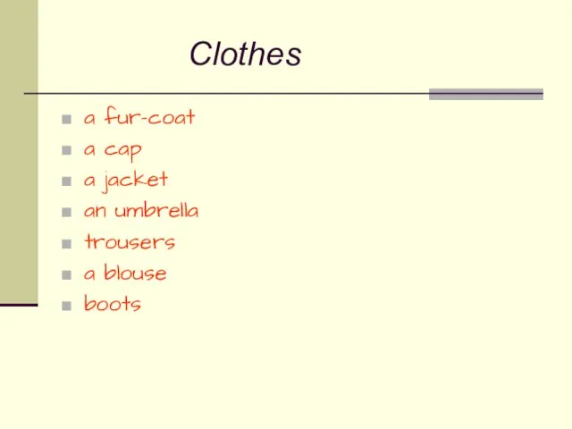 Clothes a fur-coat a cap a jacket an umbrella trousers a blouse boots