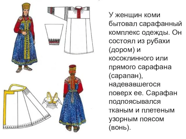 У женщин коми бытовал сарафанный комплекс одежды. Он состоял из рубахи (дoром)