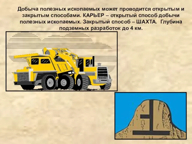 Добыча полезных ископаемых может проводится открытым и закрытым способами. КАРЬЕР – открытый