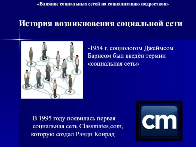 История возникновения социальной сети -1954 г. социологом Джеймсом Барнсом был введён термин