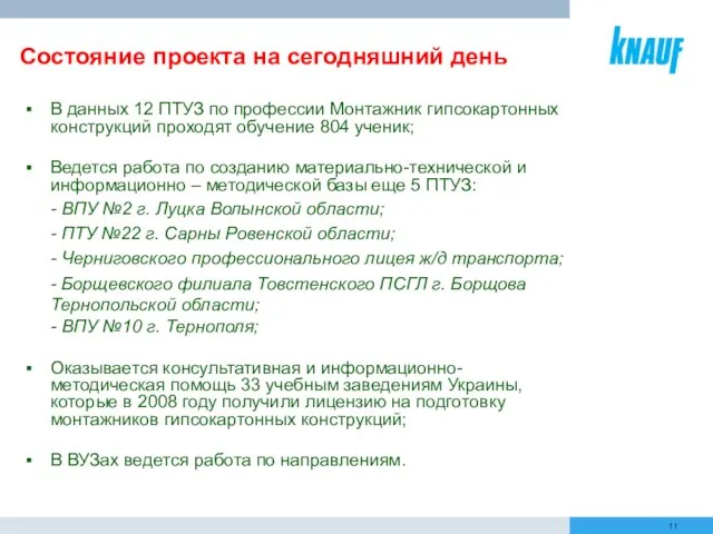 Состояние проекта на сегодняшний день В данных 12 ПТУЗ по профессии Монтажник