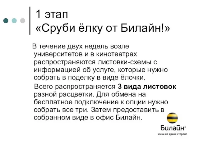 1 этап «Сруби ёлку от Билайн!» В течение двух недель возле университетов