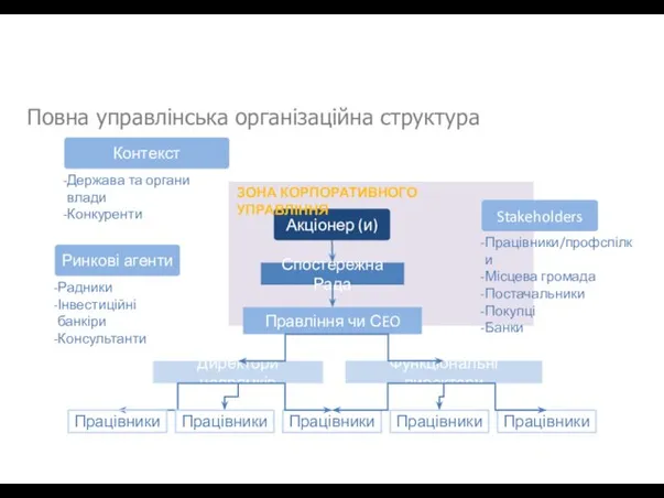 Повна управлінська організаційна структура Акціонер (и) Правління чи СEO Директори напрямків Функціональні