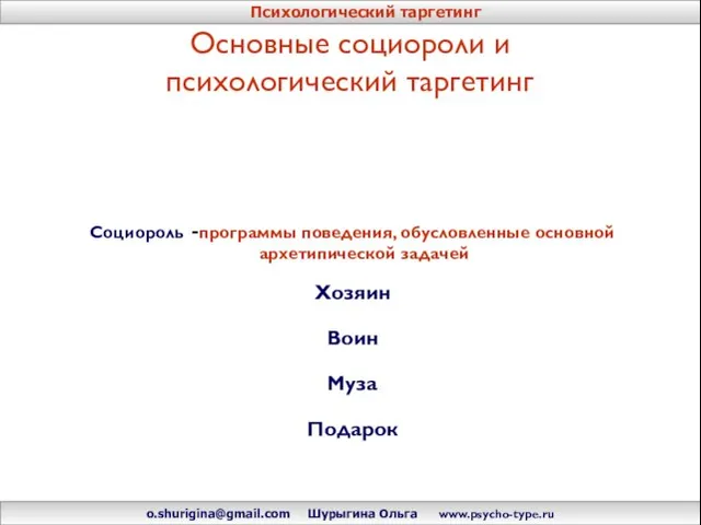 Основные социороли и психологический таргетинг Социороль -программы поведения, обусловленные основной архетипической задачей