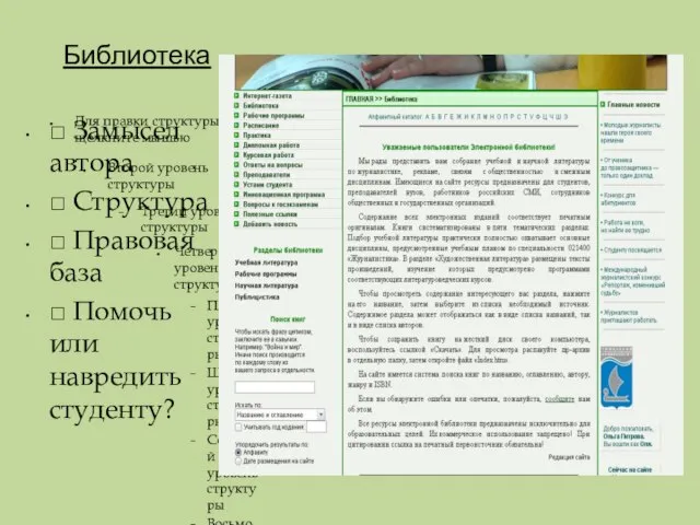 Библиотека □ Замысел автора □ Структура □ Правовая база □ Помочь или навредить студенту?