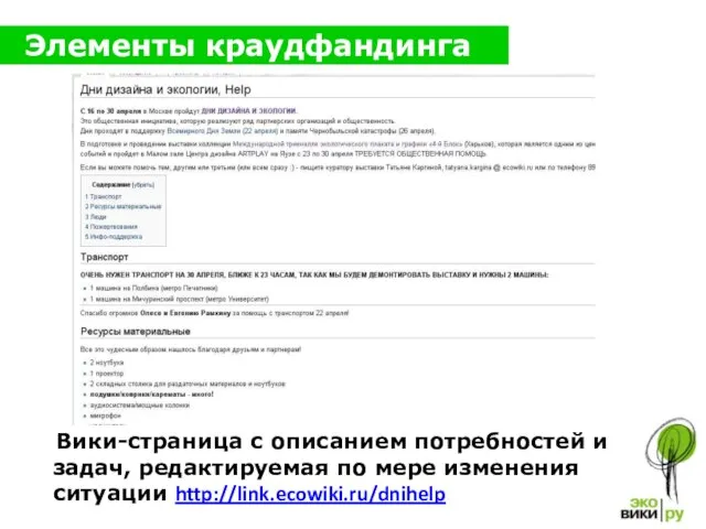 Элементы краудфандинга Вики-страница с описанием потребностей и задач, редактируемая по мере изменения ситуации http://link.ecowiki.ru/dnihelp