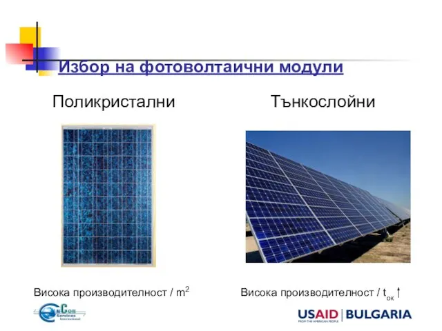 Избор на фотоволтаични модули Поликристални Тънкослойни Висока производителност / m2 Висока производителност / tок